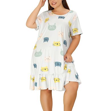 Women's Plus Size Nightdress Short Sleeve Soft Comfy Lovely Cat Sleepdress