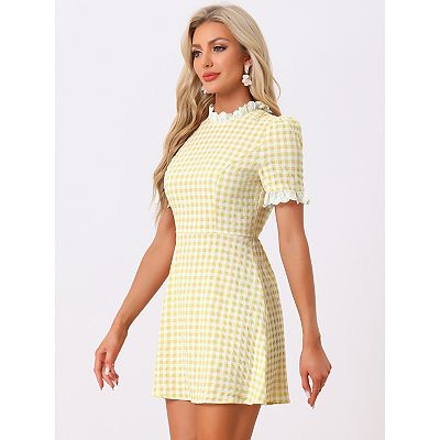 Women's Ruffle Neck Contrast Panel Color Vintage Short Sleeve Dresses