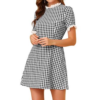 Women's Ruffle Neck Contrast Panel Color Vintage Short Sleeve Dresses