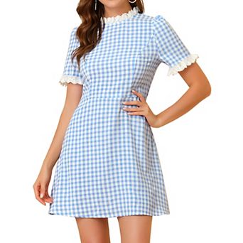 Women's Ruffle Neck Contrast Panel Color Vintage Short Sleeve Dresses