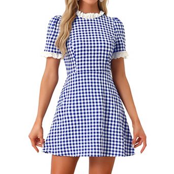 Women's Ruffle Neck Contrast Panel Color Vintage Short Sleeve Dresses