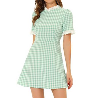 Women's Ruffle Neck Contrast Panel Color Vintage Short Sleeve Dresses