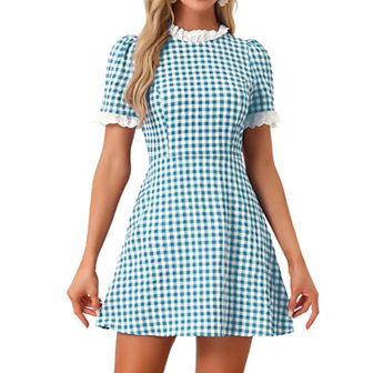 Women's Ruffle Neck Contrast Panel Color Vintage Short Sleeve Dresses