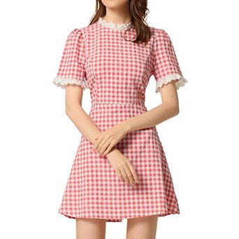 Women's Ruffle Neck Contrast Panel Color Vintage Short Sleeve Dresses