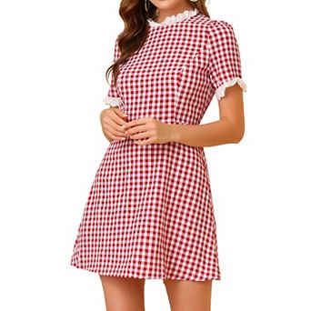 Women's Ruffle Neck Contrast Panel Color Vintage Short Sleeve Dresses