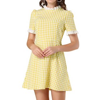 Women's Ruffle Neck Contrast Panel Color Vintage Short Sleeve Dresses