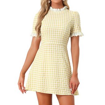 Women's Ruffle Neck Contrast Panel Color Vintage Short Sleeve Dresses