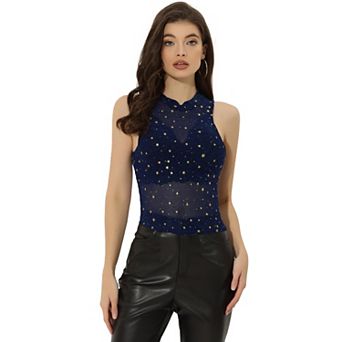 Star Mesh Crop Top For Women's Mock Neck Sleeveless See Through Party Tank Top