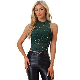 Star Mesh Crop Top For Women's Mock Neck Sleeveless See Through Party Tank Top