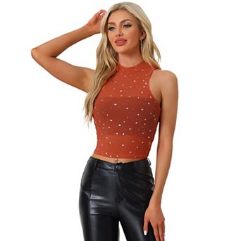 Star Mesh Crop Top For Women's Mock Neck Sleeveless See Through Party Tank Top