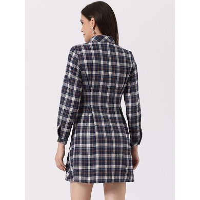 Women's Plaid Long Sleeves A-line Button Up Casual Shirt Dress