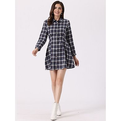 Women's Plaid Long Sleeves A-line Button Up Casual Shirt Dress