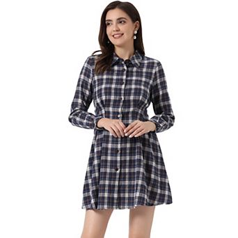 Women's Plaid Long Sleeves A-Line Button Up Casual Shirt Dress