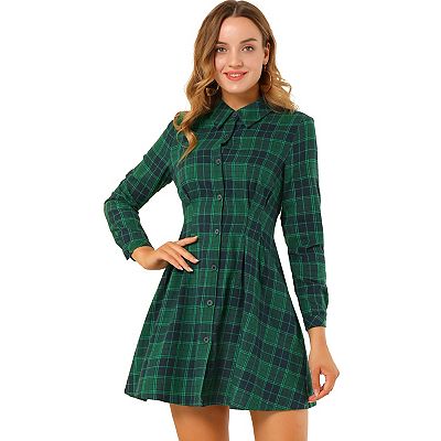 Women's Plaid Long Sleeves A-line Button Up Casual Shirt Dress