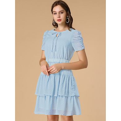 Women's Tie Neck Ruched Sleeve Elastic Waist A-Line Double Layers Ruffle Hem Short Dress