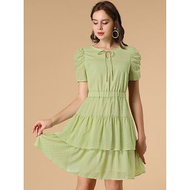 Women's Tie Neck Ruched Sleeve Elastic Waist A-Line Double Layers ...