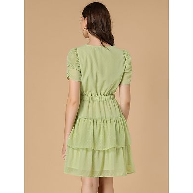 Women's Tie Neck Ruched Sleeve Elastic Waist A-Line Double Layers Ruffle Hem Short Dress
