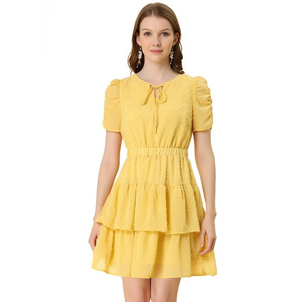 Women's Tie Neck Ruched Sleeve Elastic Waist A-Line Double Layers ...