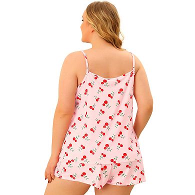 Pajamas Set for Women Plus Size Cami Cherry Printed Elastic Waist Shorts Nightgown Loungewear