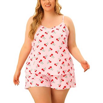 Pajamas Set for Women Plus Size Cami Cherry Printed Elastic Waist Shorts Nightgown Loungewear