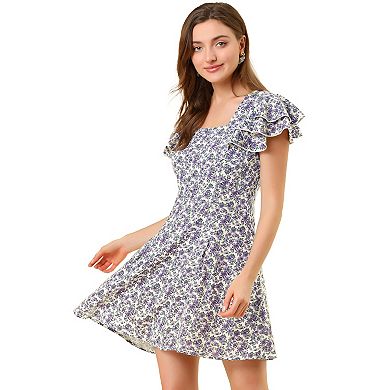 Women's Square Neck Ruffled Sleeve Pleated Front Printed Dress