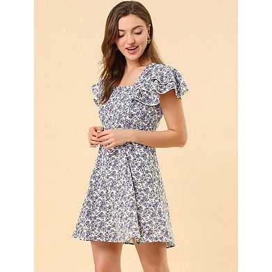 Women's Square Neck Ruffled Sleeve Pleated Front Printed Dress