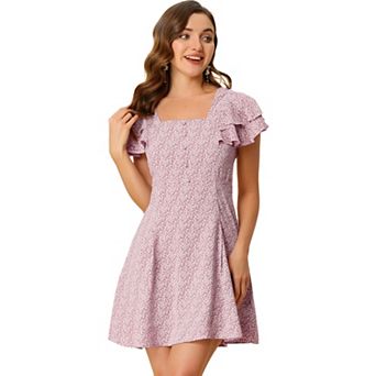 Women's Square Neck Ruffled Sleeve Pleated Front Printed Dress