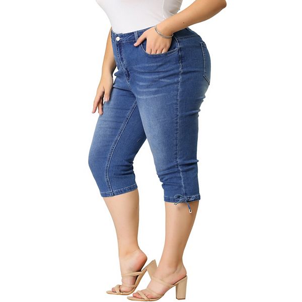 Women's Plus Size Denim Jeans Mid Rise Fray Casual Cropped Jean Pants