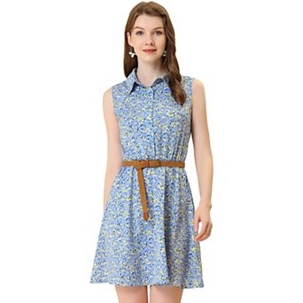 Women's Printed Half Placket Sleeveless Belted Dress