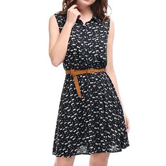 Women's Printed Half Placket Sleeveless Belted Dress