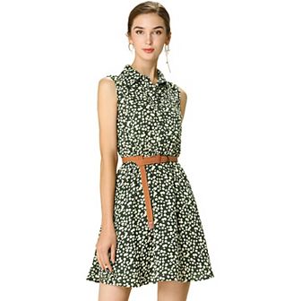 Women's Printed Half Placket Sleeveless Belted Dress