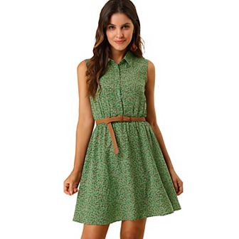 Women's Printed Half Placket Sleeveless Belted Dress