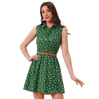 Women's Printed Half Placket Sleeveless Belted Dress
