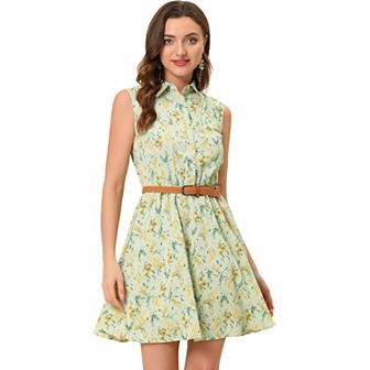 Women's Printed Half Placket Sleeveless Belted Dress