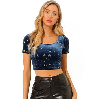 Women's Costume Casual Short Sleeve Cute Scoop Neck Velvet Fitted Crop Top