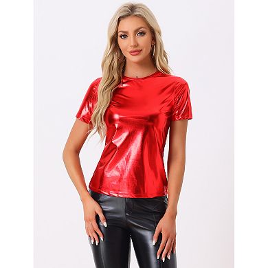 Women's Party Metallic Textured Short Sleeve Shiny Multi Color Tops