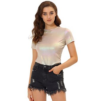 Women's Disco Outfit Party Club Sparkly Rainbow Metallic Top