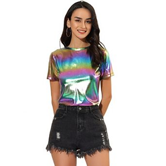 Women's Disco Outfit Party Club Sparkly Rainbow Metallic Top