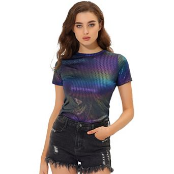 Women's Disco Outfit Party Club Sparkly Rainbow Metallic Top