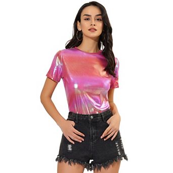 Women's Disco Outfit Party Club Sparkly Rainbow Metallic Top