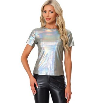 Women's Disco Outfit Party Club Sparkly Rainbow Metallic Top