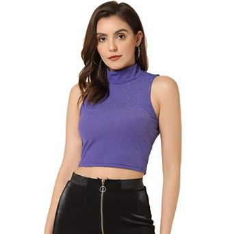 Women's Mock Neck Sleeveless Keyhole Back Glittery Cropped Tank Top