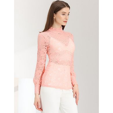 Women's Turtleneck Long Sleeve Mesh Semi Sheer Lace Floral Blouse