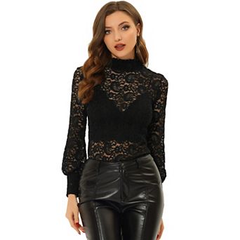 Women's Turtleneck Long Sleeve Mesh Semi Sheer Lace Floral Blouse