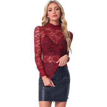 Women's Turtleneck Long Sleeve Mesh Semi Sheer Lace Floral Blouse