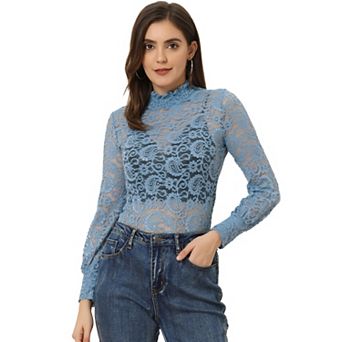 Women's Turtleneck Long Sleeve Mesh Semi Sheer Lace Floral Blouse