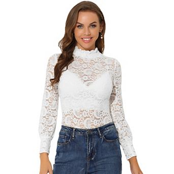Women's Turtleneck Long Sleeve Mesh Semi Sheer Lace Floral Blouse