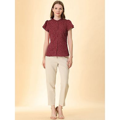 Women's Summer Dots Print Ruffle Stand Collar Button Down Blouse Shirts