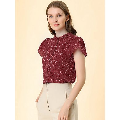 Women's Summer Dots Print Ruffle Stand Collar Button Down Blouse Shirts