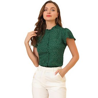 Women's Summer Dots Print Ruffle Stand Collar Button Down Blouse Shirts